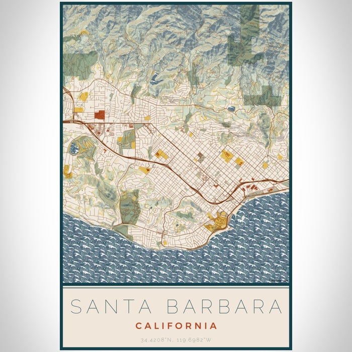 Santa Barbara California Map Print Portrait Orientation in Woodblock Style With Shaded Background