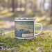 Right View Custom Santa Barbara California Map Enamel Mug in Woodblock on Grass With Trees in Background