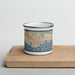 Front View Custom Santa Barbara California Map Enamel Mug in Woodblock on Cutting Board