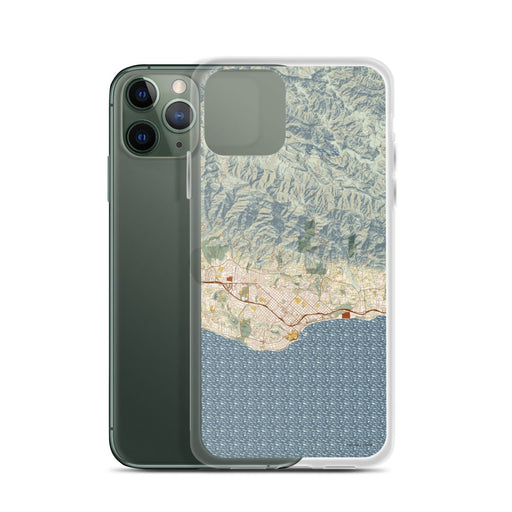 Custom Santa Barbara California Map Phone Case in Woodblock on Table with Laptop and Plant