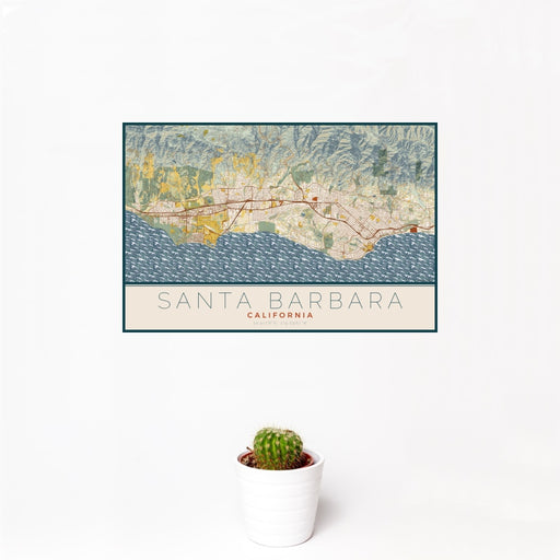 12x18 Santa Barbara California Map Print Landscape Orientation in Woodblock Style With Small Cactus Plant in White Planter