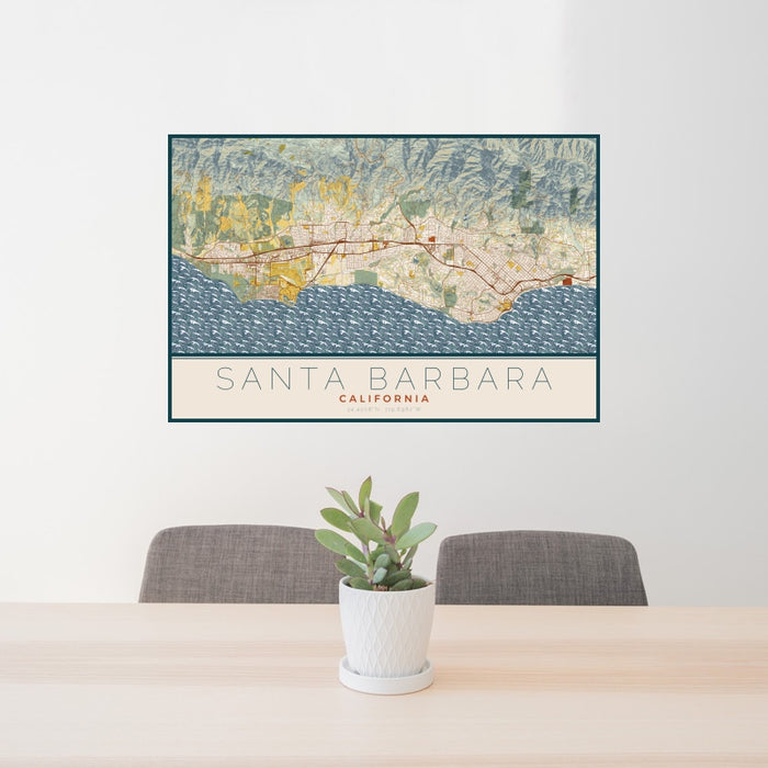 24x36 Santa Barbara California Map Print Landscape Orientation in Woodblock Style Behind 2 Chairs Table and Potted Plant