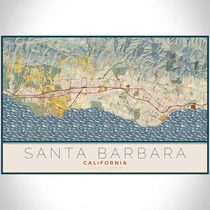 Santa Barbara California Map Print Landscape Orientation in Woodblock Style With Shaded Background