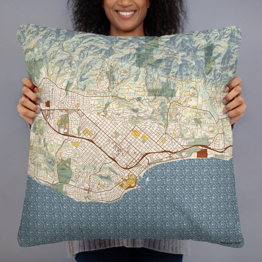 Person holding 22x22 Custom Santa Barbara California Map Throw Pillow in Woodblock