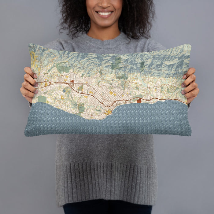 Person holding 20x12 Custom Santa Barbara California Map Throw Pillow in Woodblock