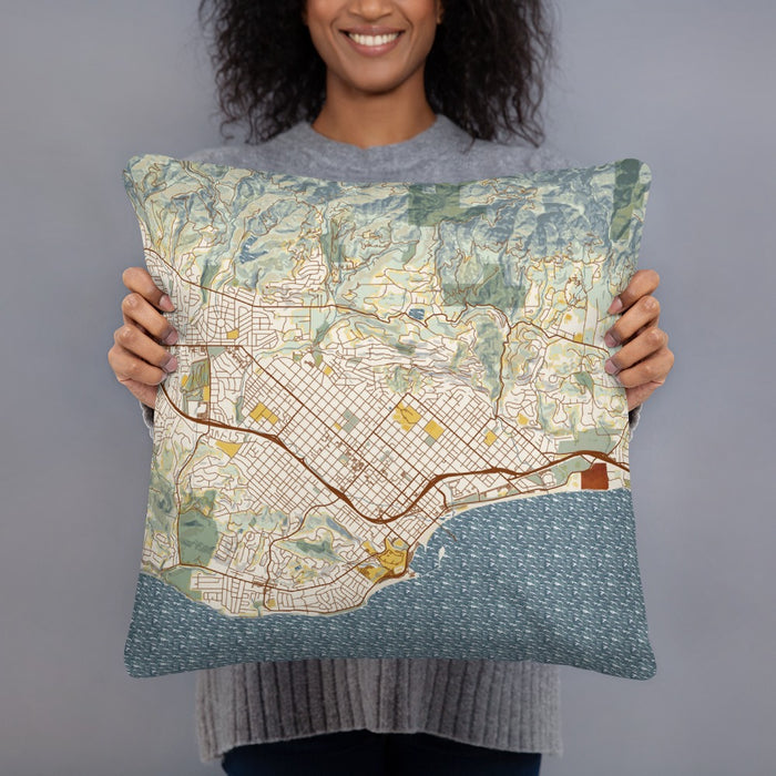 Person holding 18x18 Custom Santa Barbara California Map Throw Pillow in Woodblock