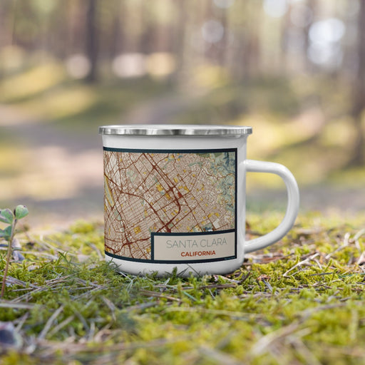 Right View Custom Santa Clara California Map Enamel Mug in Woodblock on Grass With Trees in Background