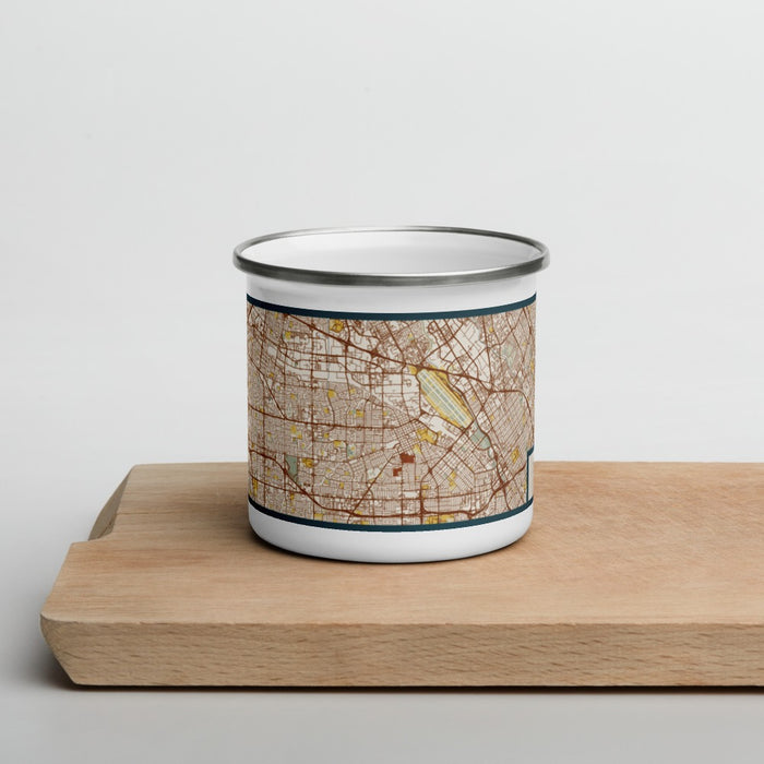 Front View Custom Santa Clara California Map Enamel Mug in Woodblock on Cutting Board