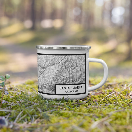 Right View Custom Santa Clarita California Map Enamel Mug in Classic on Grass With Trees in Background