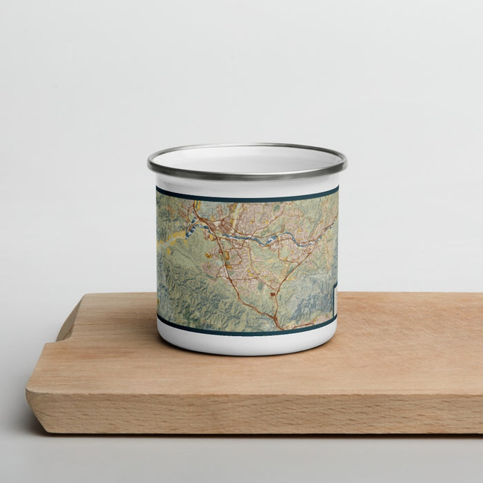 Front View Custom Santa Clarita California Map Enamel Mug in Woodblock on Cutting Board