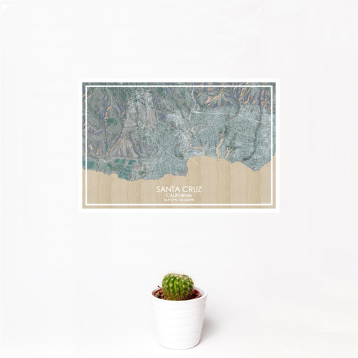 12x18 Santa Cruz California Map Print Landscape Orientation in Afternoon Style With Small Cactus Plant in White Planter
