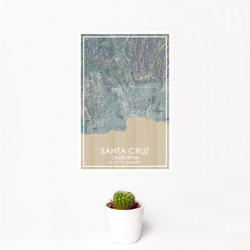 12x18 Santa Cruz California Map Print Portrait Orientation in Afternoon Style With Small Cactus Plant in White Planter