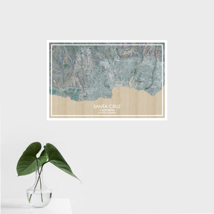 16x24 Santa Cruz California Map Print Landscape Orientation in Afternoon Style With Tropical Plant Leaves in Water