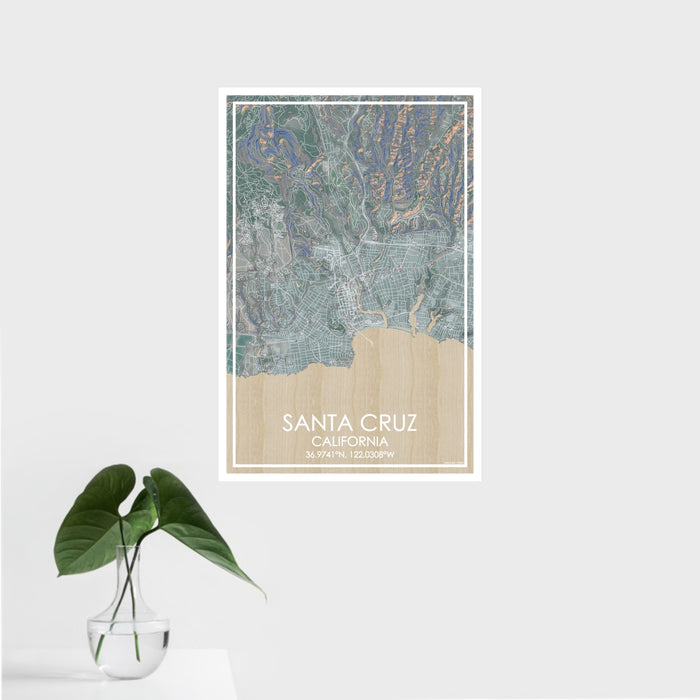 16x24 Santa Cruz California Map Print Portrait Orientation in Afternoon Style With Tropical Plant Leaves in Water