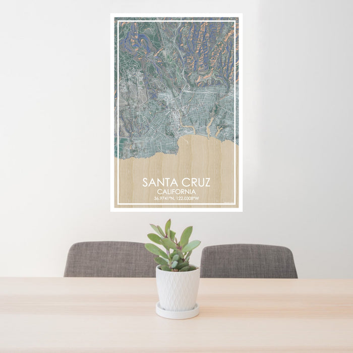 24x36 Santa Cruz California Map Print Portrait Orientation in Afternoon Style Behind 2 Chairs Table and Potted Plant