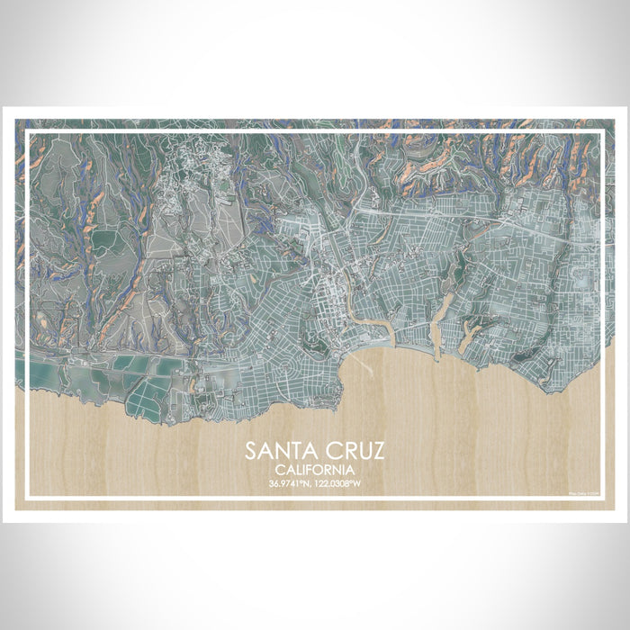 Santa Cruz California Map Print Landscape Orientation in Afternoon Style With Shaded Background