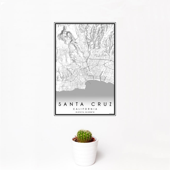 12x18 Santa Cruz California Map Print Portrait Orientation in Classic Style With Small Cactus Plant in White Planter