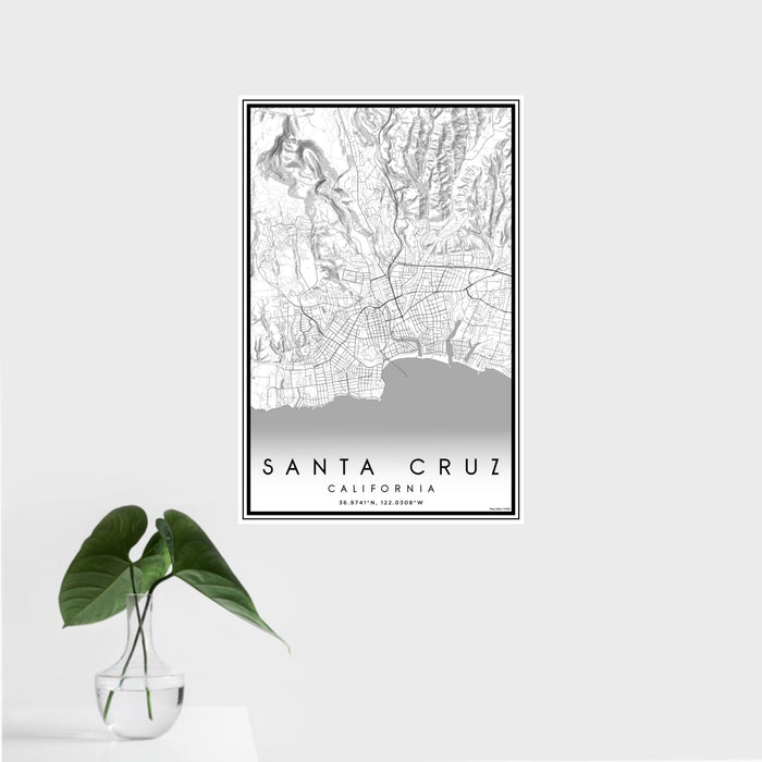16x24 Santa Cruz California Map Print Portrait Orientation in Classic Style With Tropical Plant Leaves in Water