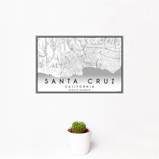12x18 Santa Cruz California Map Print Landscape Orientation in Classic Style With Small Cactus Plant in White Planter