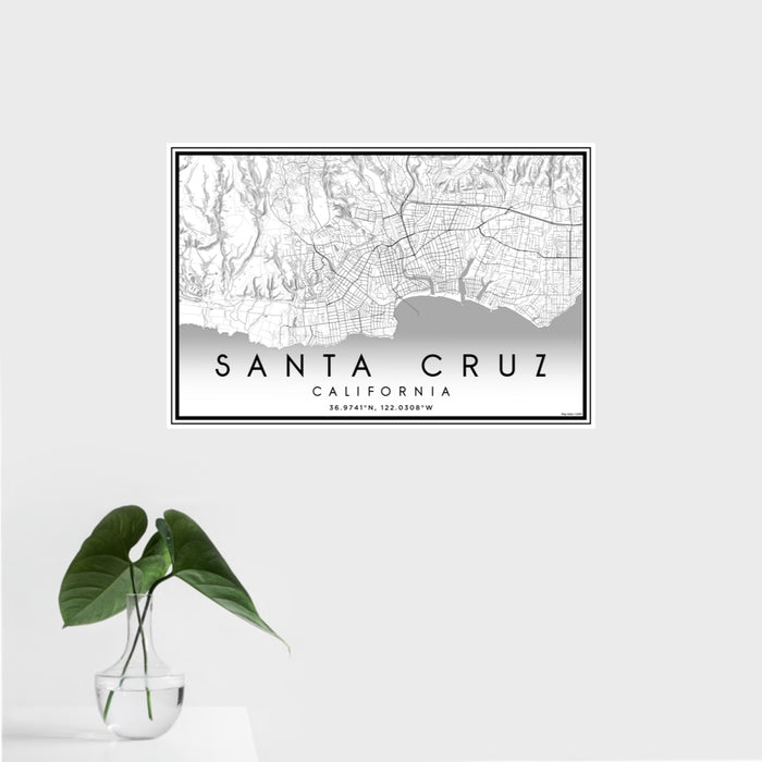 16x24 Santa Cruz California Map Print Landscape Orientation in Classic Style With Tropical Plant Leaves in Water