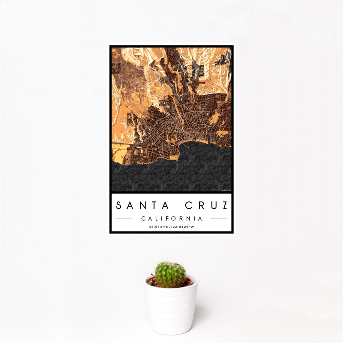 12x18 Santa Cruz California Map Print Portrait Orientation in Ember Style With Small Cactus Plant in White Planter