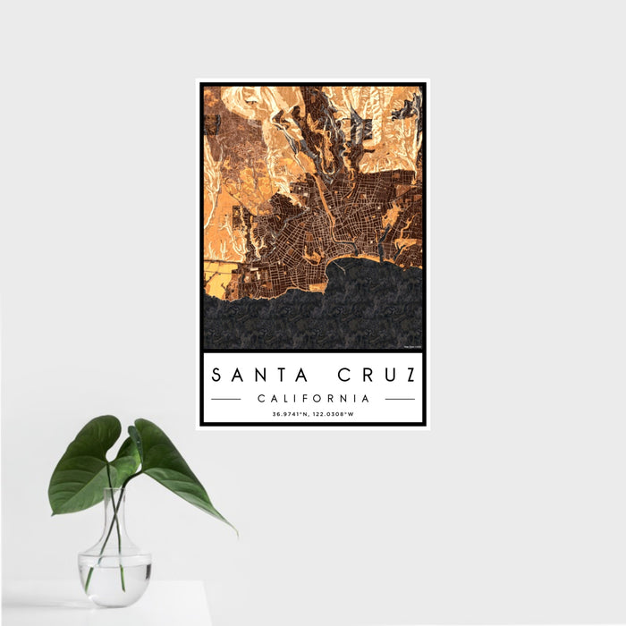 16x24 Santa Cruz California Map Print Portrait Orientation in Ember Style With Tropical Plant Leaves in Water