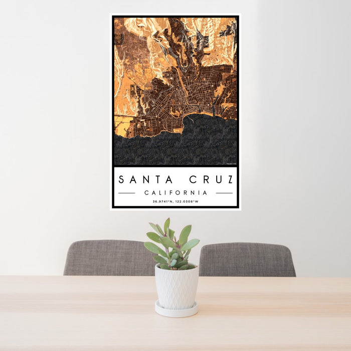 24x36 Santa Cruz California Map Print Portrait Orientation in Ember Style Behind 2 Chairs Table and Potted Plant