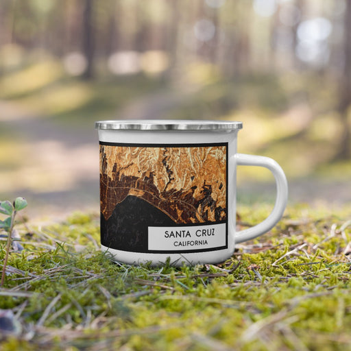 Right View Custom Santa Cruz California Map Enamel Mug in Ember on Grass With Trees in Background