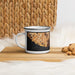 Left View Custom Santa Cruz California Map Enamel Mug in Ember on Table Top