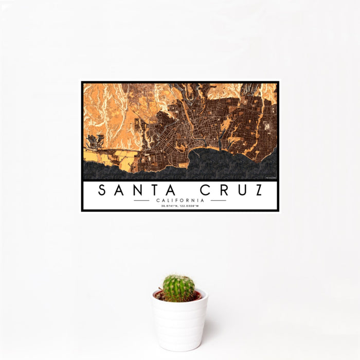12x18 Santa Cruz California Map Print Landscape Orientation in Ember Style With Small Cactus Plant in White Planter