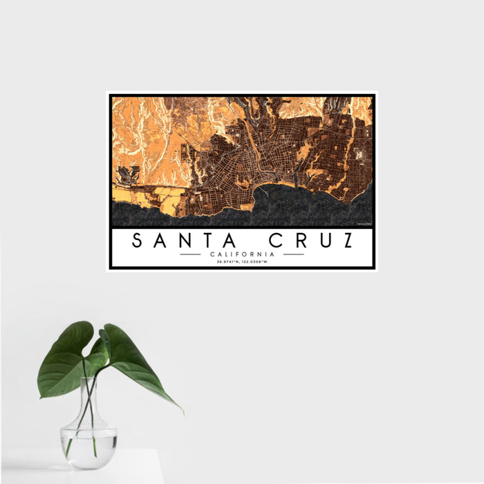 16x24 Santa Cruz California Map Print Landscape Orientation in Ember Style With Tropical Plant Leaves in Water