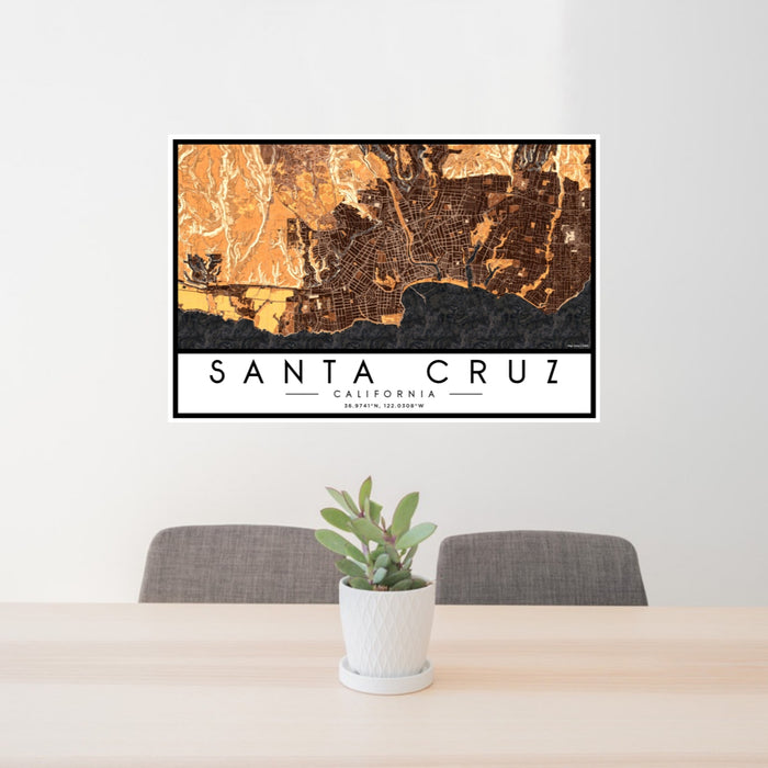 24x36 Santa Cruz California Map Print Landscape Orientation in Ember Style Behind 2 Chairs Table and Potted Plant