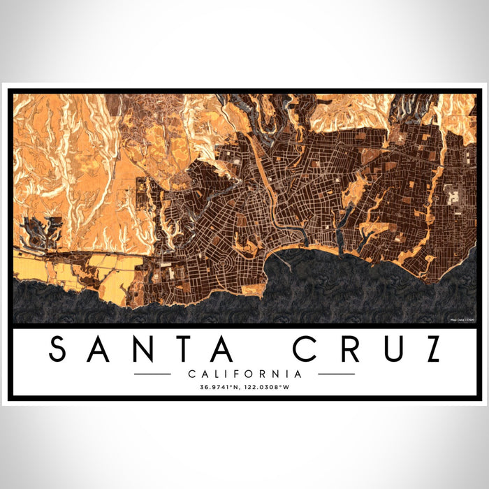 Santa Cruz California Map Print Landscape Orientation in Ember Style With Shaded Background