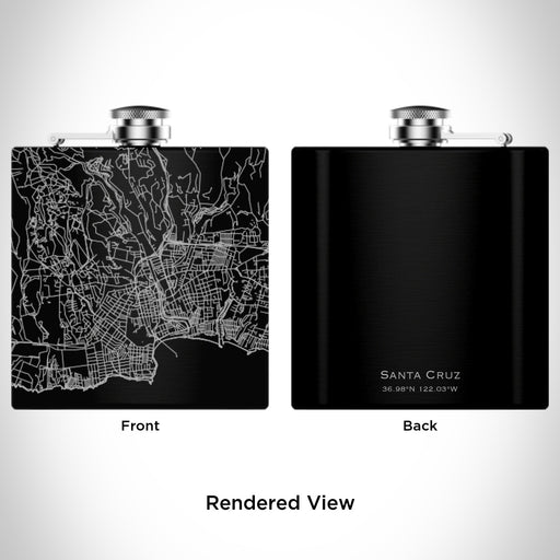 Rendered View of Santa Cruz California Map Engraving on 6oz Stainless Steel Flask in Black