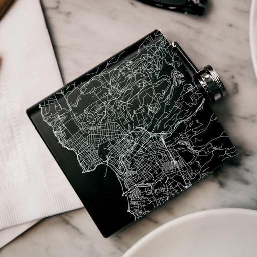 Santa Cruz California Custom Engraved City Map Inscription Coordinates on 6oz Stainless Steel Flask in Black