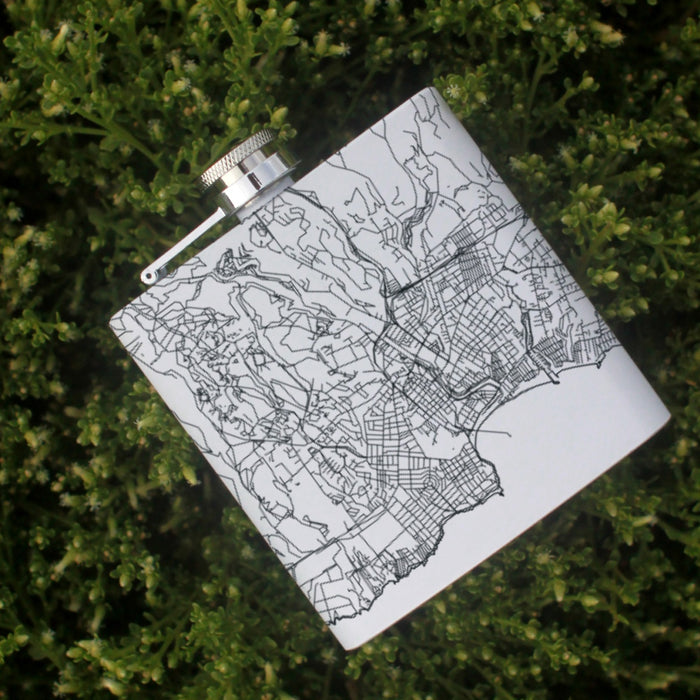 Santa Cruz California Custom Engraved City Map Inscription Coordinates on 6oz Stainless Steel Flask in White