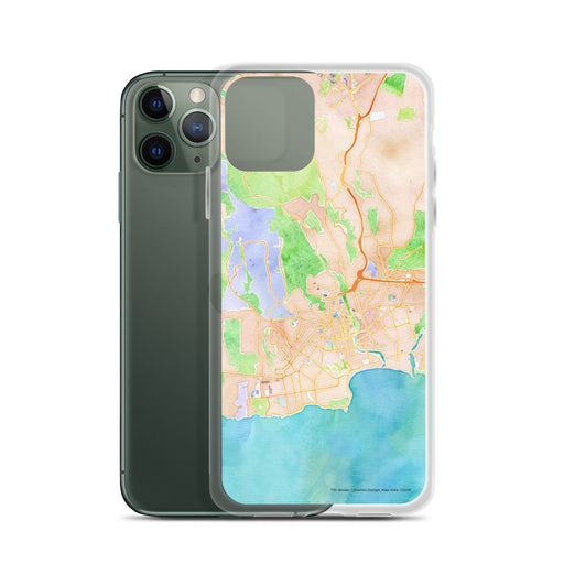 Custom Santa Cruz California Map Phone Case in Watercolor on Table with Laptop and Plant