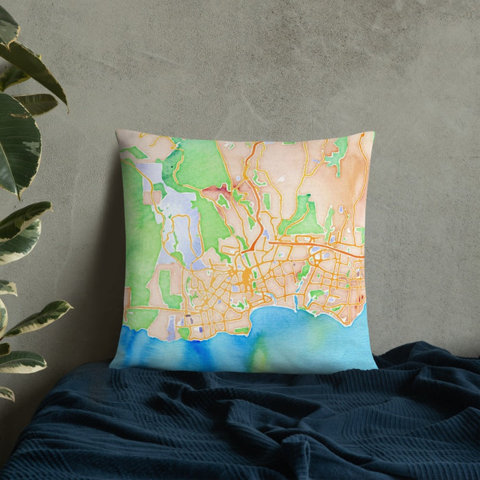Custom Santa Cruz California Map Throw Pillow in Watercolor on Bedding Against Wall