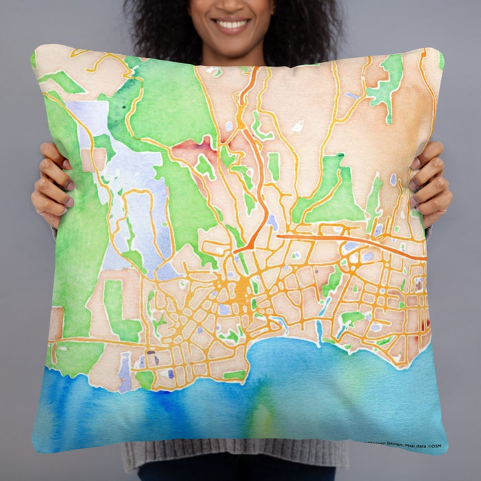 Person holding 22x22 Custom Santa Cruz California Map Throw Pillow in Watercolor
