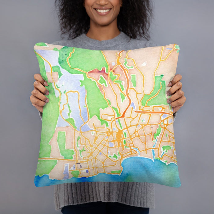 Person holding 18x18 Custom Santa Cruz California Map Throw Pillow in Watercolor