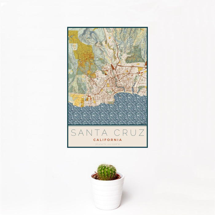 12x18 Santa Cruz California Map Print Portrait Orientation in Woodblock Style With Small Cactus Plant in White Planter
