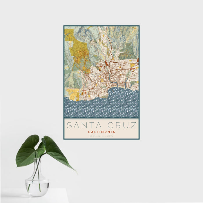 16x24 Santa Cruz California Map Print Portrait Orientation in Woodblock Style With Tropical Plant Leaves in Water