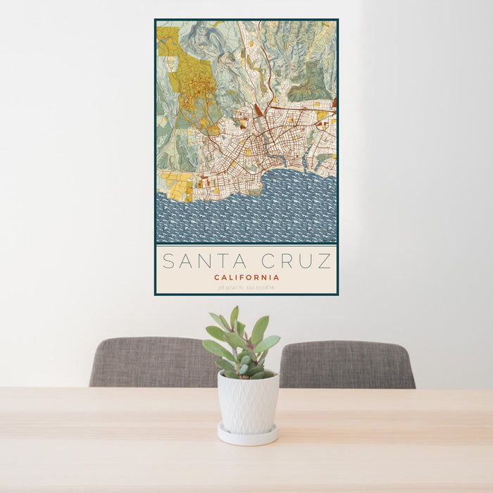 24x36 Santa Cruz California Map Print Portrait Orientation in Woodblock Style Behind 2 Chairs Table and Potted Plant