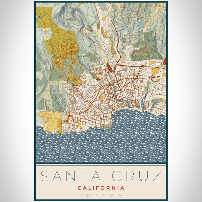 Santa Cruz California Map Print Portrait Orientation in Woodblock Style With Shaded Background