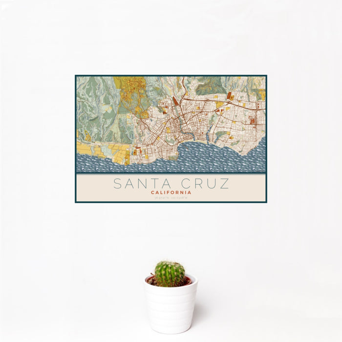 12x18 Santa Cruz California Map Print Landscape Orientation in Woodblock Style With Small Cactus Plant in White Planter
