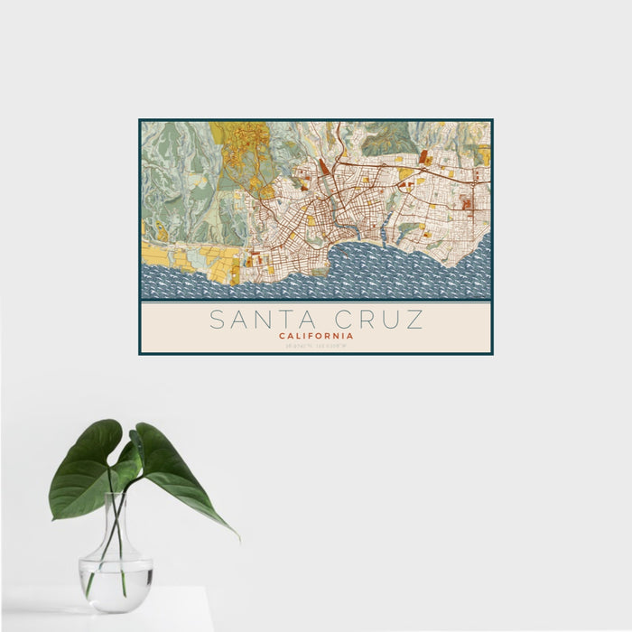 16x24 Santa Cruz California Map Print Landscape Orientation in Woodblock Style With Tropical Plant Leaves in Water