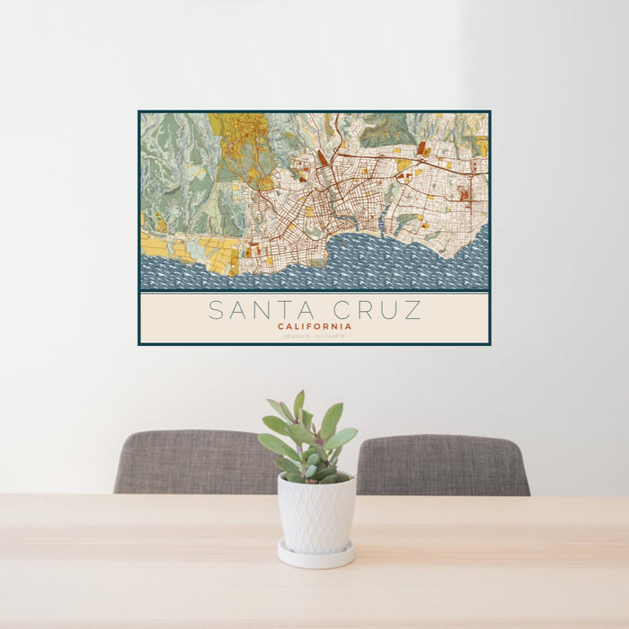 24x36 Santa Cruz California Map Print Landscape Orientation in Woodblock Style Behind 2 Chairs Table and Potted Plant