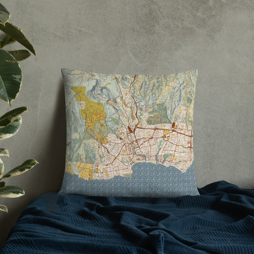 Custom Santa Cruz California Map Throw Pillow in Woodblock on Bedding Against Wall