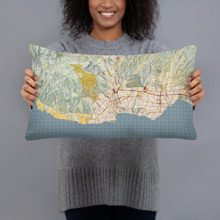 Person holding 20x12 Custom Santa Cruz California Map Throw Pillow in Woodblock