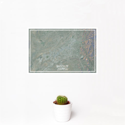 12x18 Santa Fe New Mexico Map Print Landscape Orientation in Afternoon Style With Small Cactus Plant in White Planter
